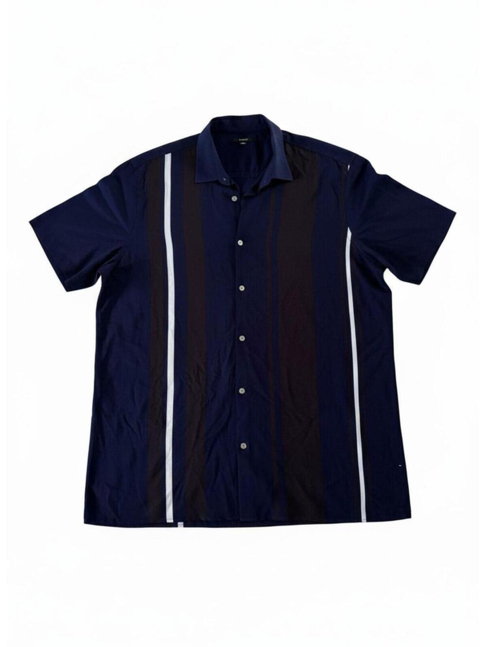 Alfani Men’s XXL Button Up Shirt Navy Blue Striped Short Sleeve Shirt